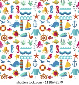 Seamless patterns with nautical elements wave paper ocean sea blue texture wallpaper marine vector illustration.