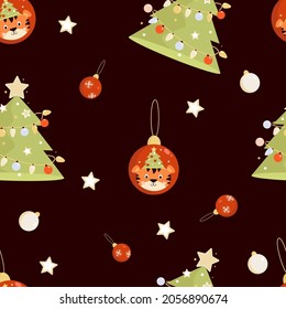 Seamless patterns. New Years tiger and Christmas tree with balls and garlands on black background with stars and Christmas toys. Vector illustration. For decor, design, print, packaging, wallpaper 