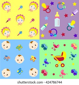 Seamless patterns with newborn babies and children's attributes, can be used as texture for the fabric, background of web page as separate items.
