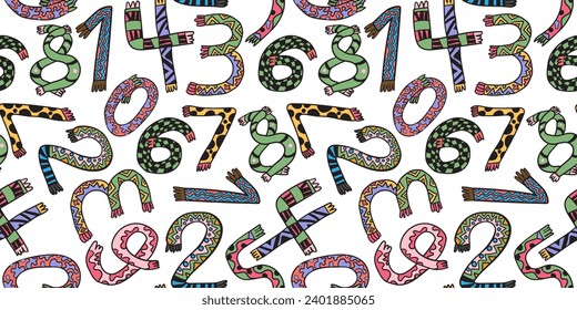 Nahtlose Muster mit einer Anzahl, die als Schal im Doodle-Stil in Vektorgrafik stilisiert wird. Vorlage für Hintergrund, Textilien, Tapeten, Stoff, Umhüllung