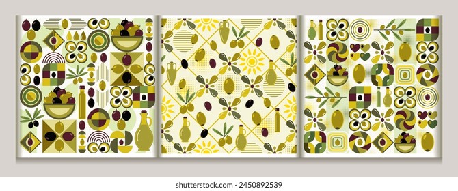 Seamless patterns with olive berry icons, abstract block geometric shapes. Flat simple geometric style. For branding, decoration of food package, decorative print for kitchen