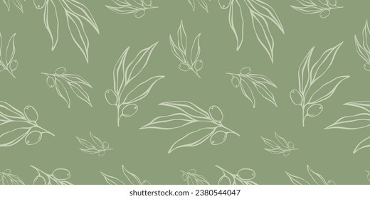 Seamless patterns with Olive Branch in Modern Minimal Liner Style. Vector Floral Backgrounds for Wedding invitations, greeting cards, print on fabric, wallpapers, scrapbooking, gift wrap and more