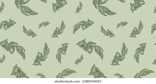 Seamless patterns with Olive Branch in Modern Minimal Liner Style. Vector Floral Backgrounds for Wedding invitations, greeting cards, print on fabric, wallpapers, scrapbooking, gift wrap and more