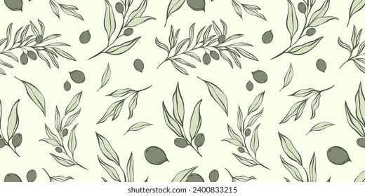 Seamless patterns with Olive Branch in Modern Minimal Liner Style. Vector Floral Backgrounds for Wedding invitations, greeting cards, print on fabric.