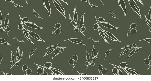 Seamless patterns with Olive Branch in Modern Minimal Liner Style. Vector Floral Backgrounds for Wedding invitations, greeting cards, print on fabric.