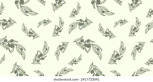 Seamless patterns with Olive Branch in Modern Minimal Liner Style. Vector Floral Backgrounds for Wedding invitations, greeting cards, print on fabric, wallpapers, scrapbooking, gift wrap and more
