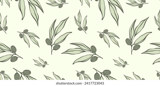 Seamless patterns with Olive Branch in Modern Minimal Liner Style. Vector Floral Backgrounds for Wedding invitations, greeting cards, print on fabric, wallpapers, scrapbooking, gift wrap and more