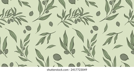 Seamless patterns with Olive Branch in Modern Minimal Liner Style. Vector Floral Backgrounds for Wedding invitations, greeting cards, print on fabric, wallpapers, scrapbooking, gift wrap and more