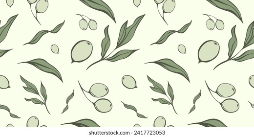 Seamless patterns with Olive Branch in Modern Minimal Liner Style. Vector Floral Backgrounds for Wedding invitations, greeting cards, print on fabric, wallpapers, scrapbooking, gift wrap and more