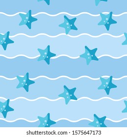 Seamless patterns on a blue background in a flat style with elements of starfish and waves. Texture for web page, greeting cards, posters and banners. Prints on fabric and paper.
