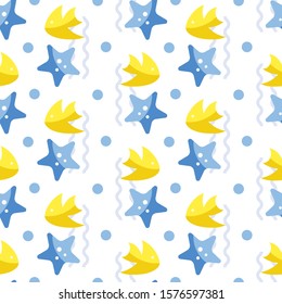 Seamless patterns on a blue background in a flat style with elements of starfish, fish and waves. Texture for web page, greeting cards, posters and banners. Prints on fabric and paper.