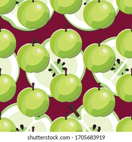 Seamless patterns on a brown background with half and whole green apples