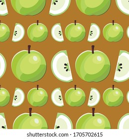 Seamless patterns on a caramel background whole and a quarter green apple.