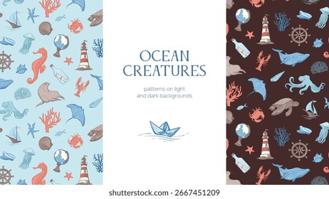 Seamless patterns on light and dark backgrounds from underwater animals. Objects for sea travel. Sea and ocean inhabitants of the underwater world.
