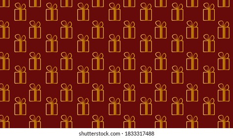 Seamless patterns on a red background with decorative elements. Gold-colored gifts