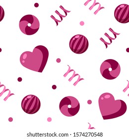 Seamless patterns on a white background in a flat style with elements of ice cream, hearts and candy ball. Texture for web page, greeting cards, posters and banners. Prints on fabric and paper.