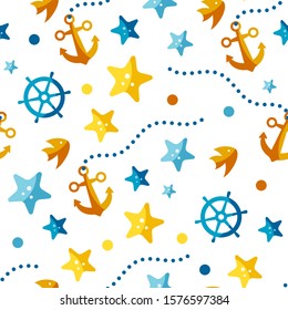 Seamless patterns on a white background in a flat style with elements of anchor, fish and chains. Texture for web page, greeting cards, posters and banners. Prints on fabric and paper.