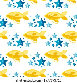 Seamless patterns on a white background in a flat style with elements of starfish and fish. Texture for web page, greeting cards, posters and banners. Prints on fabric and paper.