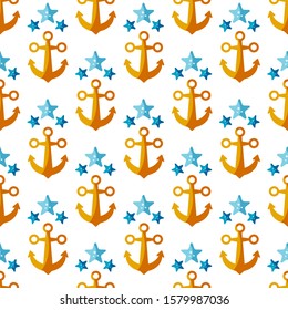 Seamless patterns on a white background in a flat style with elements of anchor and starfish. Texture for web page, greeting cards, posters and banners. Prints on fabric and paper.