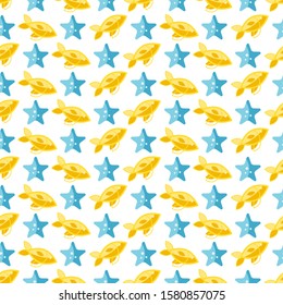 Seamless patterns on a white background in a flat style with elements of fish and starfish. Texture for web page, greeting cards, posters and banners. Prints on fabric and paper.