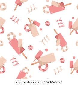 Seamless patterns on a white background in a flat style with elements of ice cream, lolipops and candy ball. Texture for web page, greeting cards, posters and banners. Prints on fabric and paper.