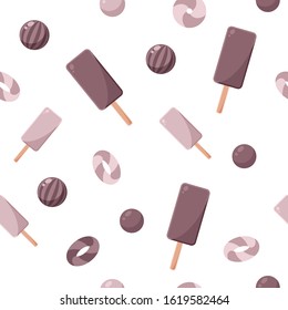 Seamless patterns on a white background in a flat style with elements of ice cream, lolipops and candy ball. Texture for web page, greeting cards, posters and banners. Prints on fabric and paper.