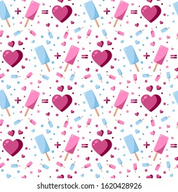 Seamless patterns on a white background in a flat style with elements of ice cream and hearts. Texture for web page, greeting cards, posters and banners. Happy Valentine's day.