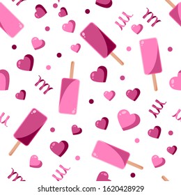 Seamless patterns on a white background in a flat style with elements of strawberry and raspberry ice cream. Texture for web page, greeting cards, posters and banners. Prints on fabric and paper.