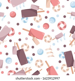 Seamless patterns on a white background in a flat style with elements of ice cream, lollipops and candy ball. Texture for web page, greeting cards, posters and banners. Prints on fabric and paper.