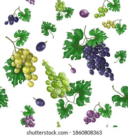 Seamless patterns on a white background from blue, green, white and pink grapes, can be used for packaging, fabrics, menus. Stock vector illustration in cartoon style.