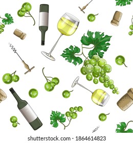 Seamless patterns on a white background from green grapes, glasses of white wine, bottles, cork and corkscrew, can be used for packaging, fabric. Stock vector illustration in cartoon style.