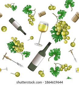 Seamless patterns on a white background from white grapes, glasses of white wine, bottles, cork and corkscrew, can be used for packaging, fabric. Stock vector illustration in cartoon style.