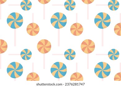 Seamless patterns of orange and blue candies and lollipops