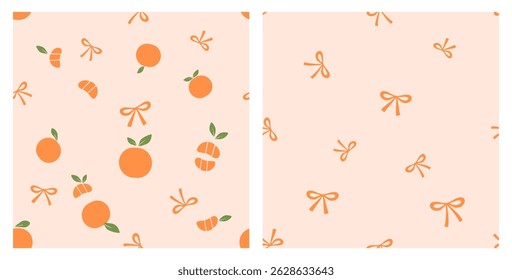 Patrones sin fisuras con fruta naranja, hojas verdes y lazos de cinta sobre fondos de Vector naranja.