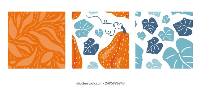 Seamless patterns with Orange Pumpkin with blue leaves and abstract forms. Set of three. Repeated vector backgrounds for menu, wallpaper, wrapping paper, packing, textile. Farmers market, Vegan food.