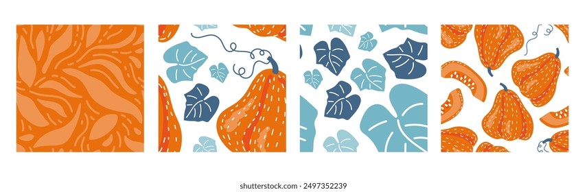 Seamless patterns with Orange Pumpkin with blue leaves and abstract forms. Set of four. Repeated vector backgrounds for menu, wallpaper, wrapping paper, packing, textile. Farmers market, Vegan food.