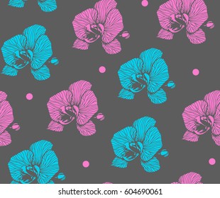 Seamless patterns with orchid flowers. Phalaenopsis blossom. Hand drawn vector illustration.