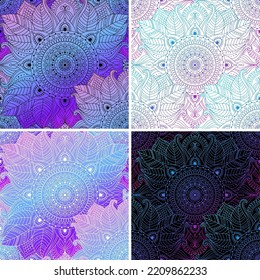 Patrones sin foco con motivos florales de encaje oriental y adornos circulares mandala, gradiente azul y rosa, fondo psicodélico