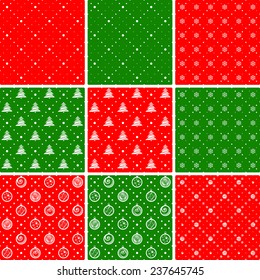 Seamless patterns. Ornament with Christmas trees and dotted rhombuses. Holiday backgrounds.