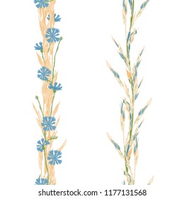Seamless patterns ornaments of grass spikelets and cornflowers, vector illustration.