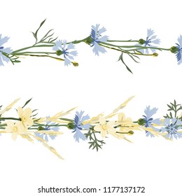 Seamless patterns ornaments of grass spikelets and cornflowers, vector illustration.