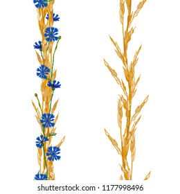 Seamless patterns ornaments of grass spikelets and cornflowers, vector illustration.