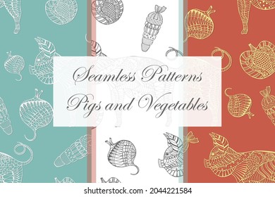 Seamless Patterns with Ornated Pigs and Vegetables