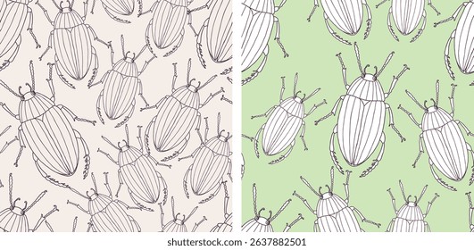 Seamless patterns of outlines beetles insects, vector background, paper, wallpaper, textile