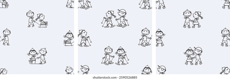 Seamless patterns of outlines cartoon cheerful kids strolling with sledges, skiing, skating, vector backgrounds, paper, wallpaper