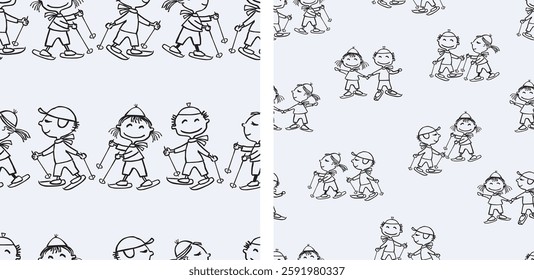 Seamless patterns of outlines cartoon cheerful children skiing, vector backgrounds, paper, wallpaper