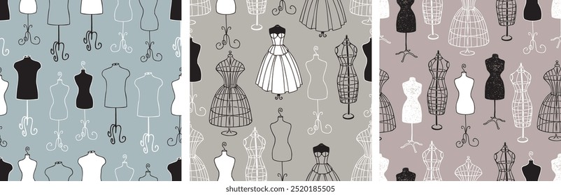 Seamless patterns of outlines different mannequins for tailoring atelier, backgrounds, paper, wallpaper, vector illustration