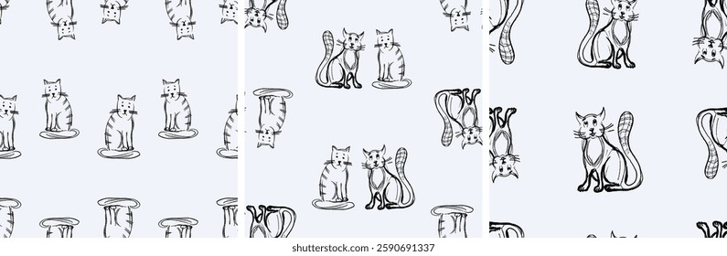 Seamless patterns of outlines funny cartoon domestic cats, vector background, hand drawn illustration, paper, fabric, textile