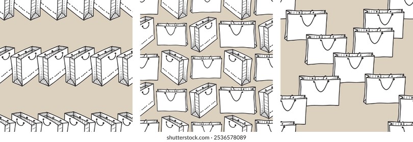 Seamless patterns of outlines paper shopping bags, purchases, vector background, wallpaper, paper