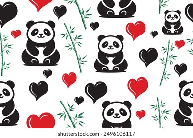 seamless patterns panda and green bamboo tree withe red color love icon.